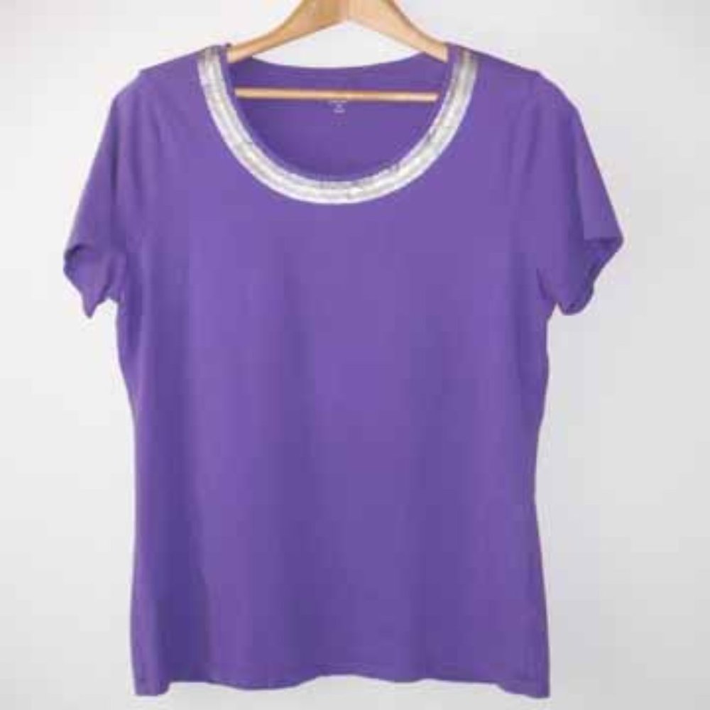 Coldwater Creek Sequin Neck Purple Tee, Size 10-12